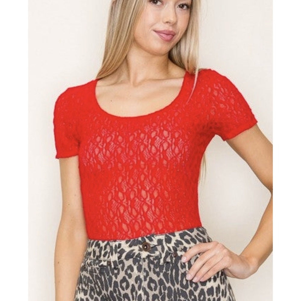 White Birch Red Sheer Floral Lace Bodysuit Boutique Size Small